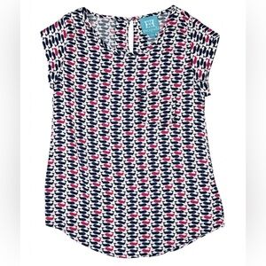 Escapada Women's Short Sleeve Top Whale Print Navy Blue Hot Pink Size XS Preppy